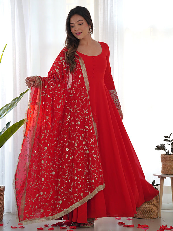 Red Anarkali Georgette Gown With Golden Dupatta Set