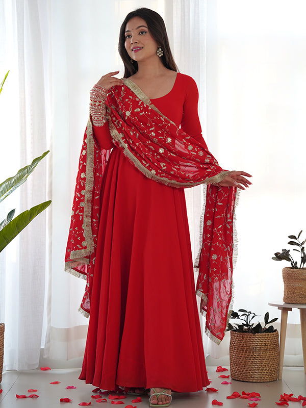 Red Anarkali Georgette Gown With Golden Dupatta Set