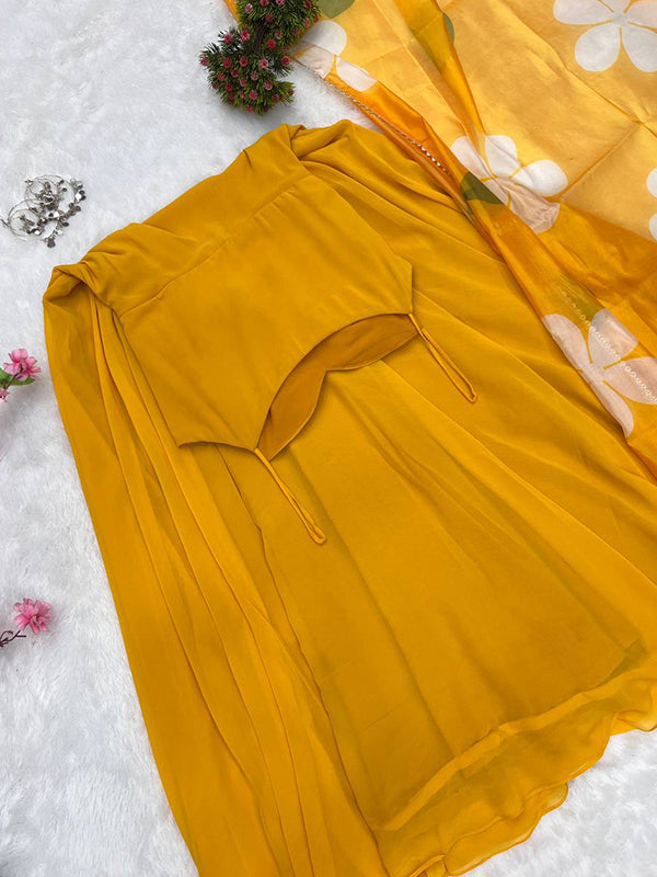 Yellow Georgette Plain Gown With Printed Dupatta Set