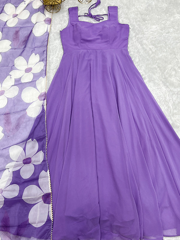 Lavender Georgette Plain Gown With Printed Dupatta Set