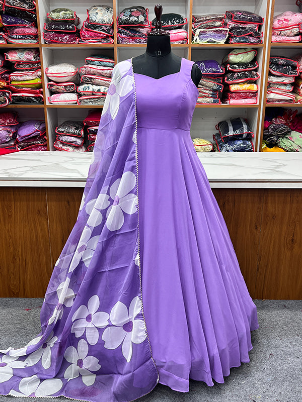 Lavender Georgette Plain Gown With Printed Dupatta Set