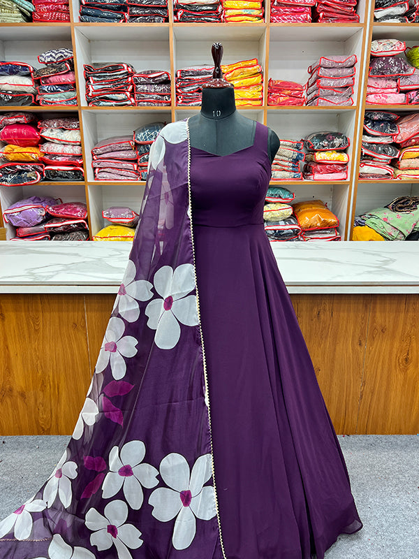 Purple Georgette Plain Gown With Printed Dupatta Set