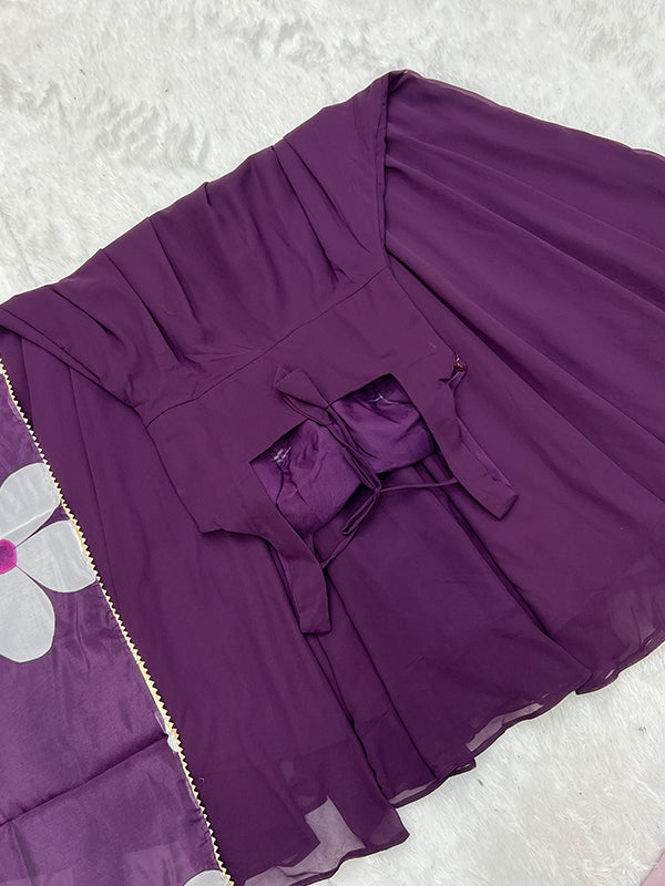 Purple Georgette Plain Gown With Printed Dupatta Set