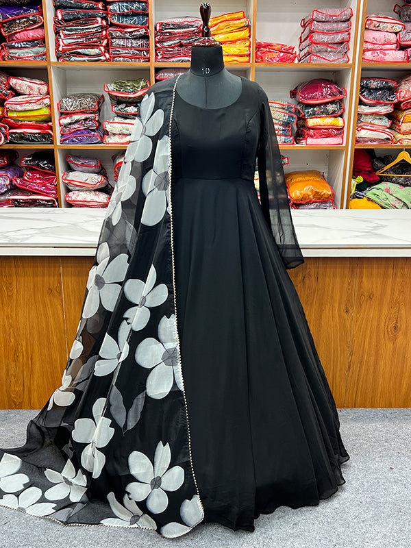 Black Georgette Plain Gown With Printed Dupatta Set
