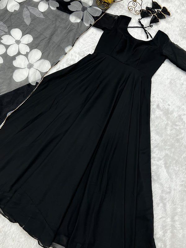 Black Georgette Plain Gown With Printed Dupatta Set
