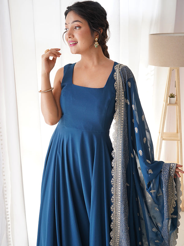Rama Blue Anarkali Georgette Gown With Golden Dupatta Set