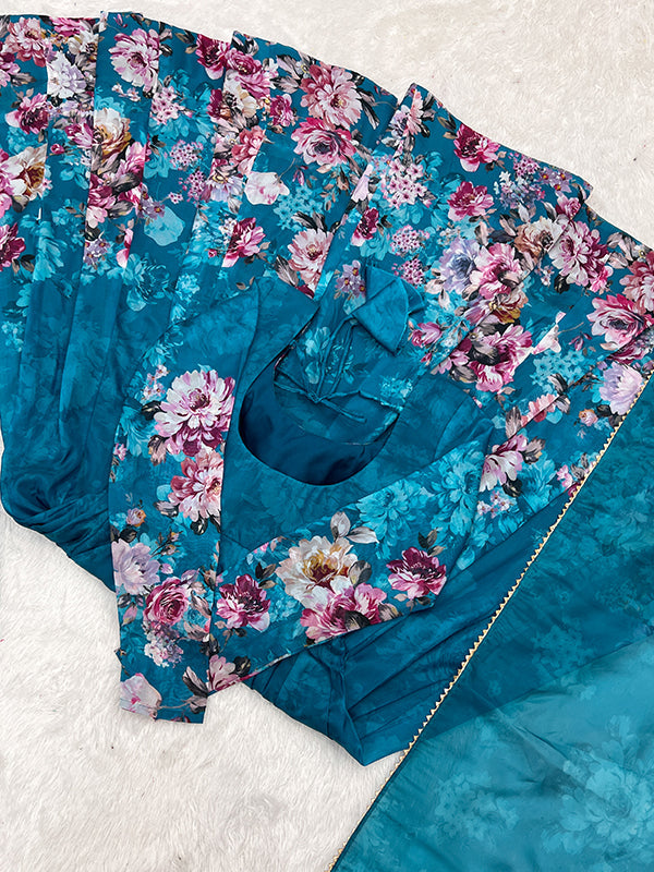 Blue Flower Printed Anarkali Kurti With Pant & Dupatta Set