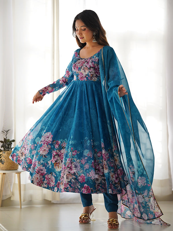Blue Flower Printed Anarkali Kurti With Pant & Dupatta Set