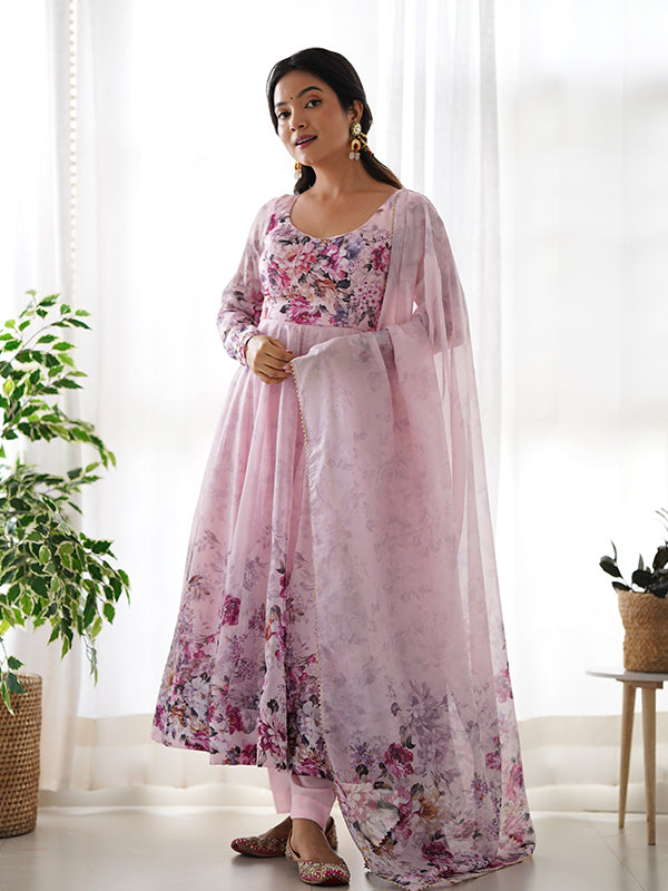 Pink Flower Printed Anarkali Kurti With Pant & Dupatta Set