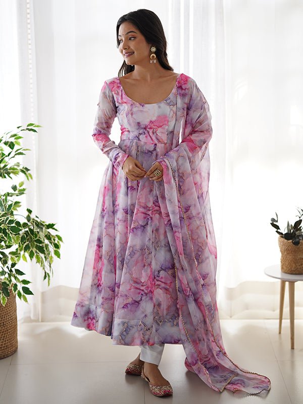 Rose Pink Organza Printed Anarkali Gown With Pant & Dupatta Set