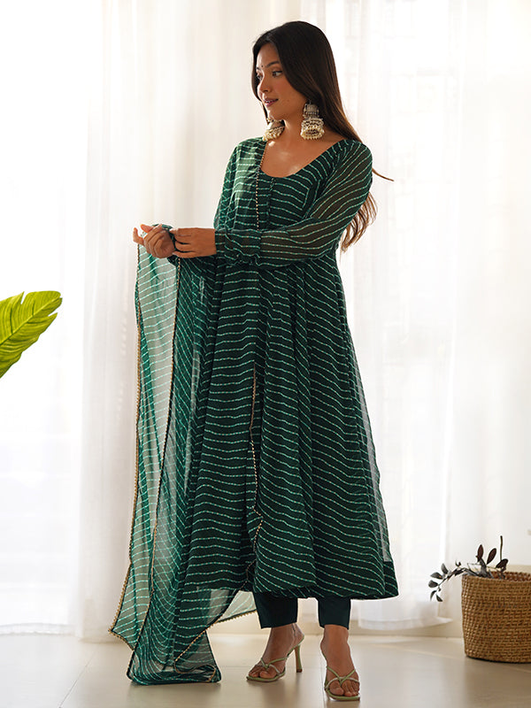 Green Georgette Printed Anarkali kurti With Pant & Dupatta Set