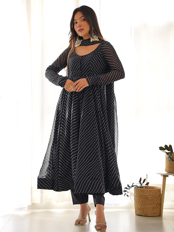 Black Lining Printed Anarkali Kurti With Pant & Dupatta Set