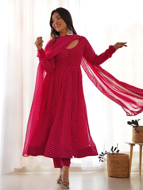 Pink Lining Printed Anarkali Kurti With Pant & Dupatta Set