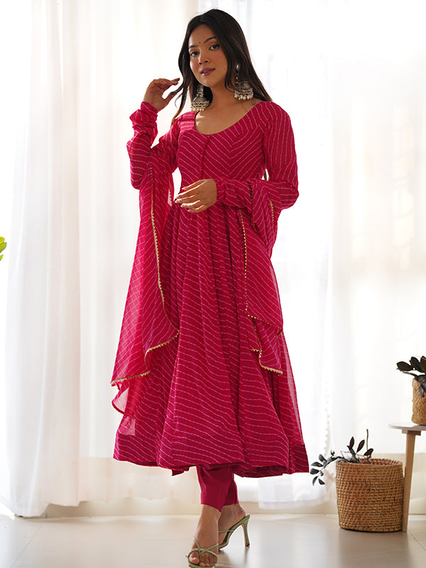 Pink Lining Printed Anarkali Kurti With Pant & Dupatta Set