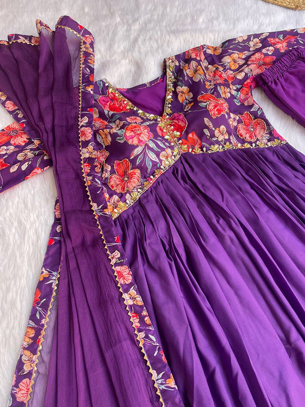 Dark Purple Muslin Floral Alia Cut Printed Suit Set