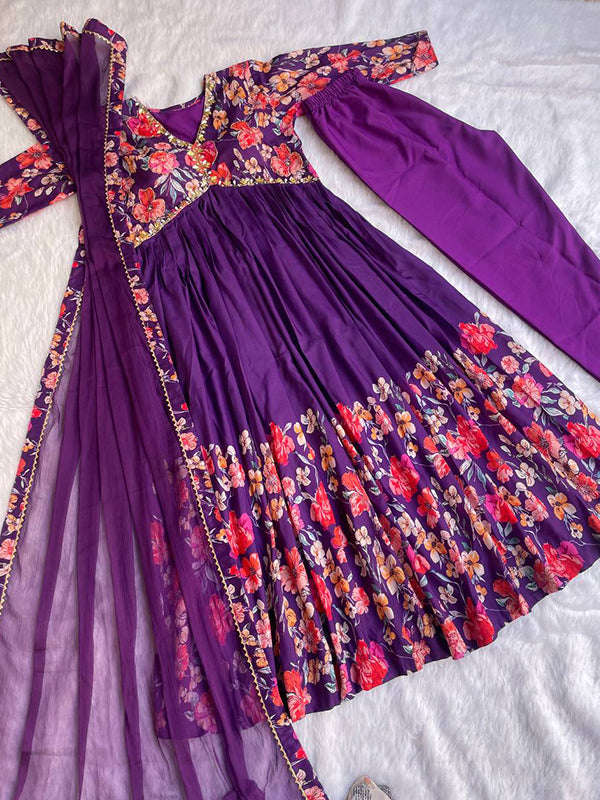 Dark Purple Muslin Floral Alia Cut Printed Suit Set