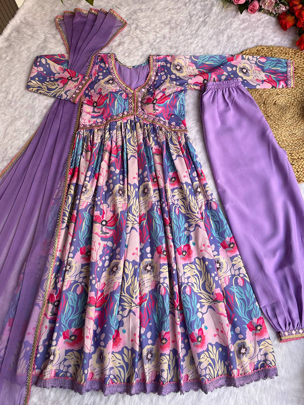 Purple Muslin Floral Alia Cut Printed Suit Set