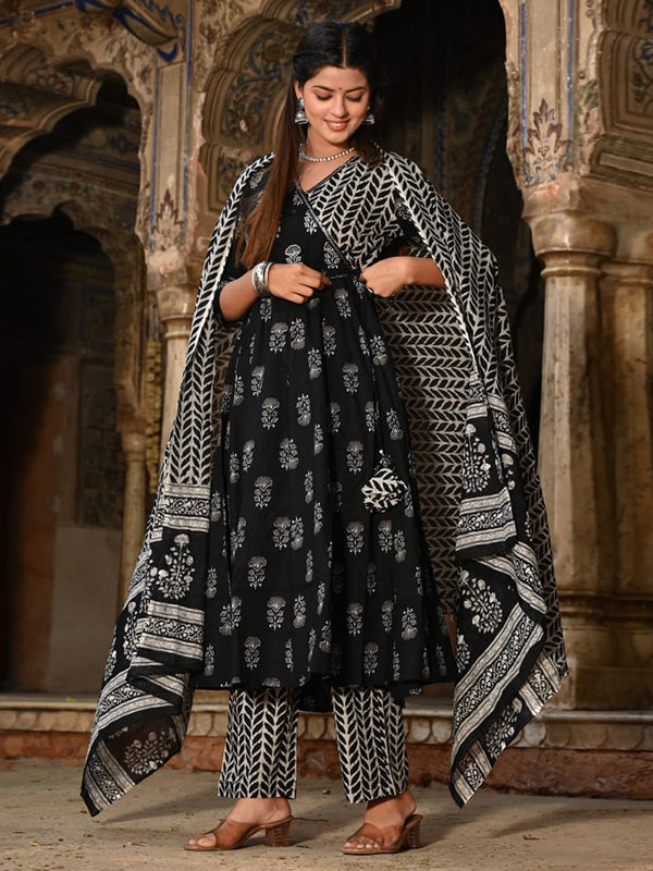 Angrakha Black Cotton Printed Suit With Pant & Dupatta
