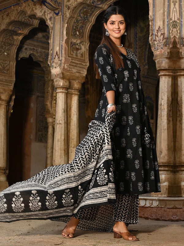 Angrakha Black Cotton Printed Suit With Pant & Dupatta