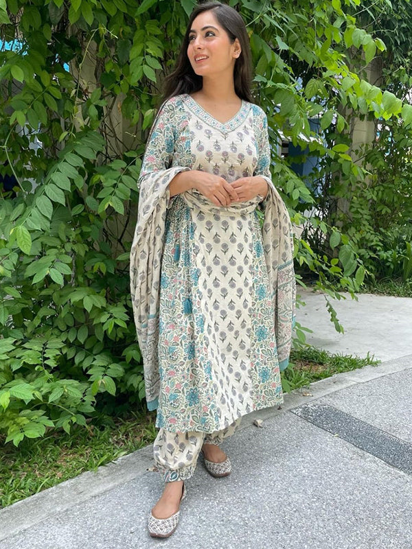 Beige Cotton Afghani Kurti With Pant & Dupatta Set