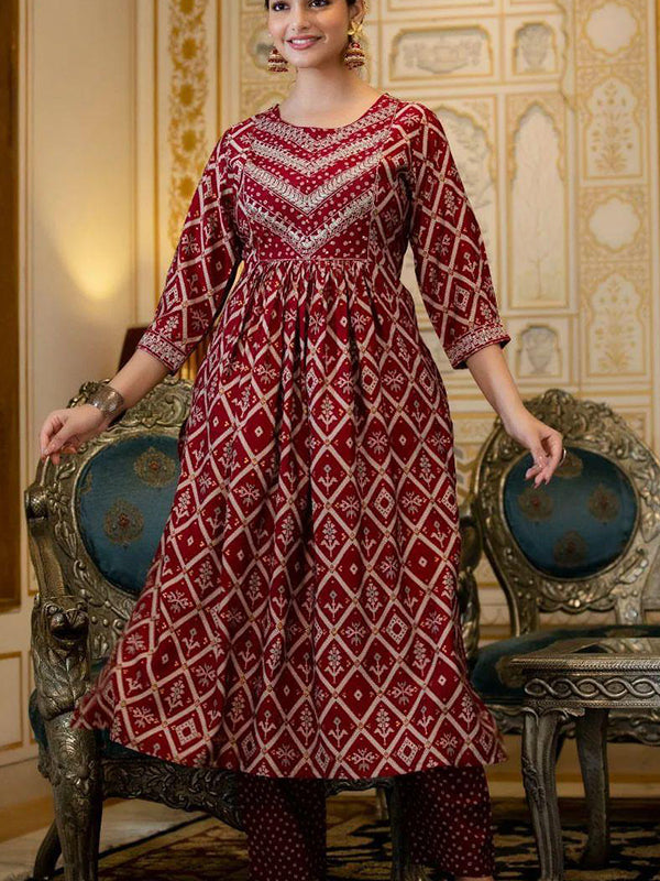 Red Cotton Naira Printed Kurti With Pant & Dupatta