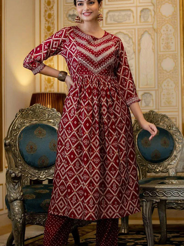 Red Cotton Naira Printed Kurti With Pant & Dupatta