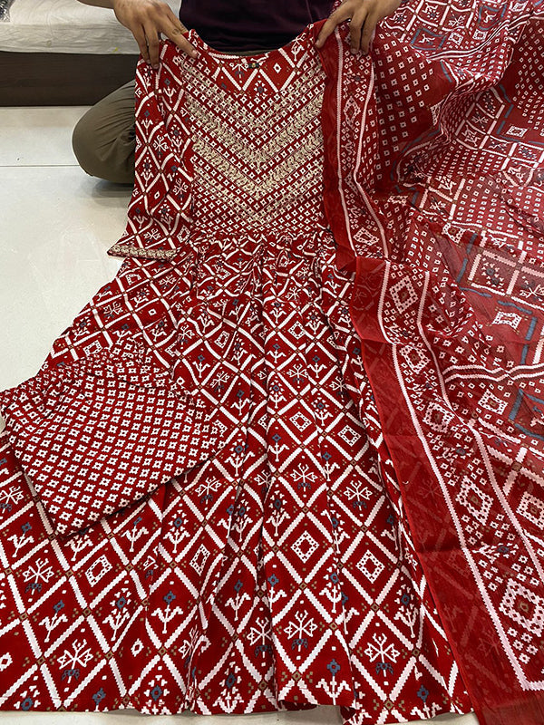 Red Cotton Naira Printed Kurti With Pant & Dupatta
