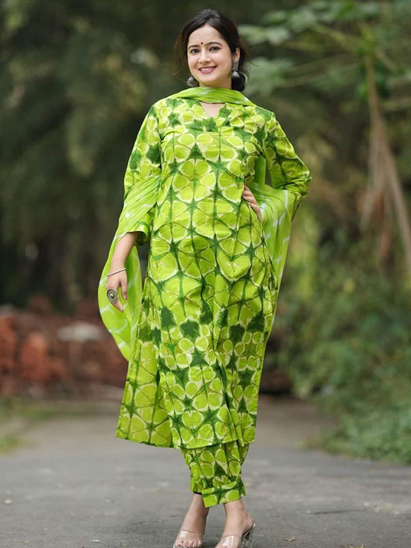 Parrot Green Cotton Printed Kurti With Pant & Dupatta Set