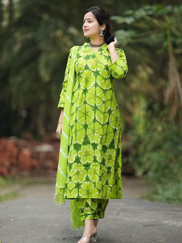 Parrot Green Cotton Printed Kurti With Pant & Dupatta Set