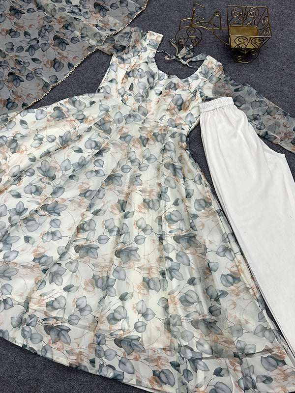 White Organza Printed Anarkali Gown With Pant & Dupatta Set