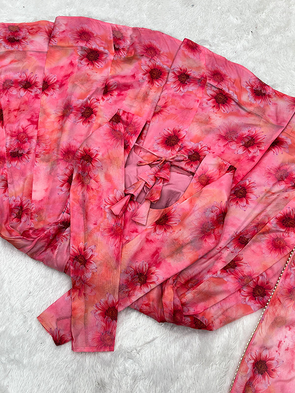 Light Pink Organza Printed Anarkali Kurti With Pant & Dupatta Set