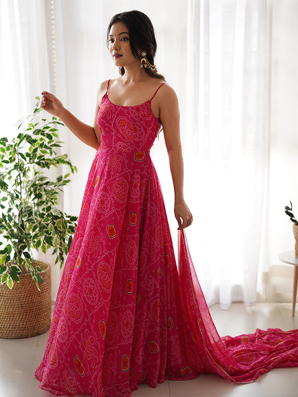 Bandhej Pink Chiffon Printed Gown With Pant & Dupatta Set