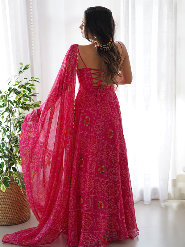 Bandhej Pink Chiffon Printed Gown With Pant & Dupatta Set