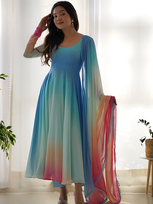Sky Colored Organza Anarkali Gown With Pant & Dupatta Set