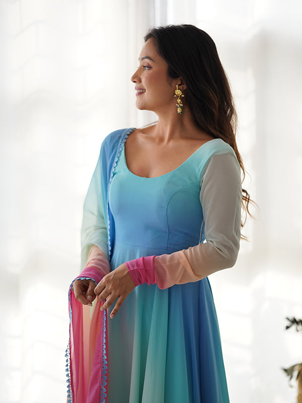Sky Colored Organza Anarkali Gown With Pant & Dupatta Set