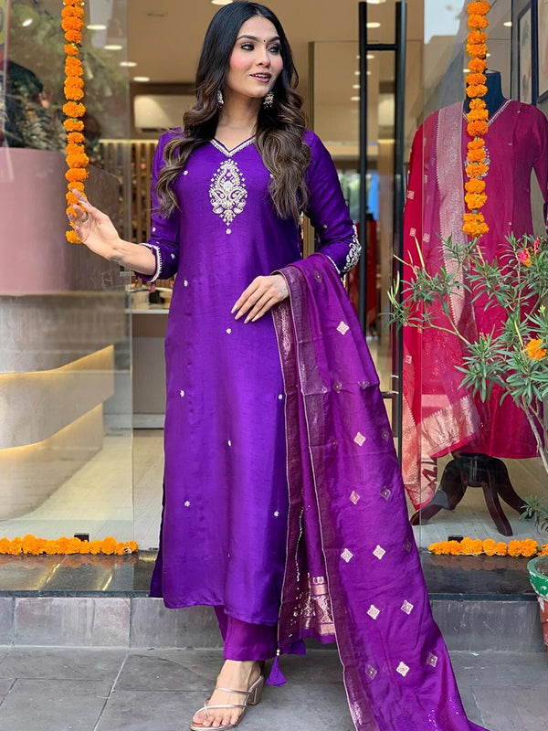 Purple Fully Hand Work Tapeta Silk Kurti With Pant & Dupatta Set
