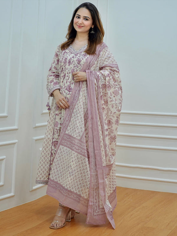 Lilac Cotton Afghani Kurti With Pant & Dupatta Set