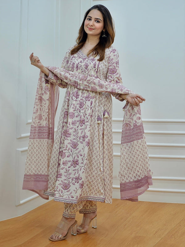 Lilac Cotton Afghani Kurti With Pant & Dupatta Set