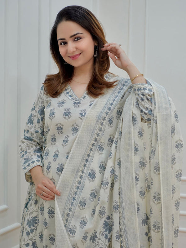 Grey White Cotton Afghani Kurti With Pant & Dupatta Set
