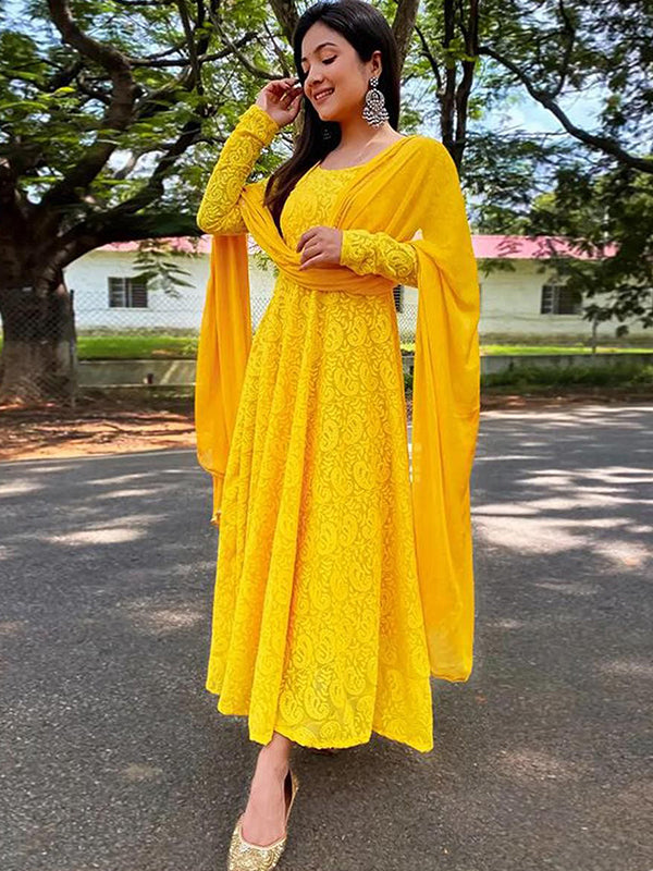 Stylish Yellow Chikankari Gown With Georgette Dupatta