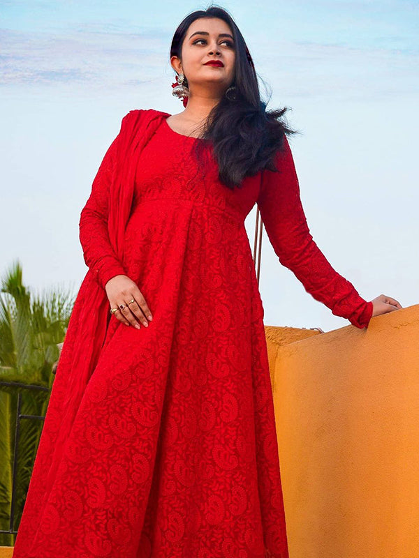 Red Chikankari Work Georgette Floor Touch Gown With Dupatta Set